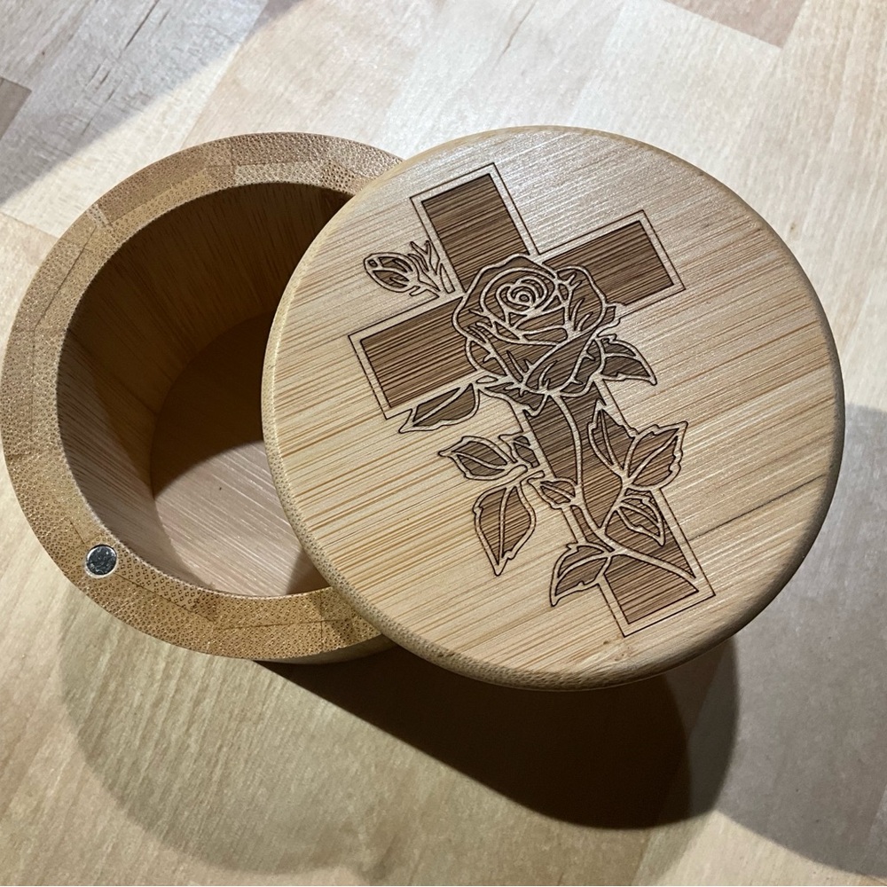 Bamboo Salt Box with Rose and Cross Engraving